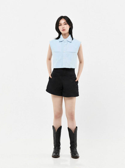 Double Collar Short Sleeve Cropped Shirt | Blue