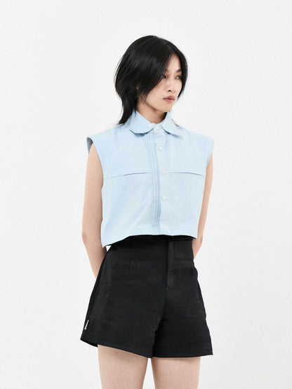 Double Collar Short Sleeve Cropped Shirt | Blue