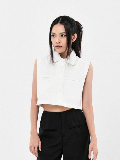 Double Collar Short Sleeve Cropped Shirt | Blue