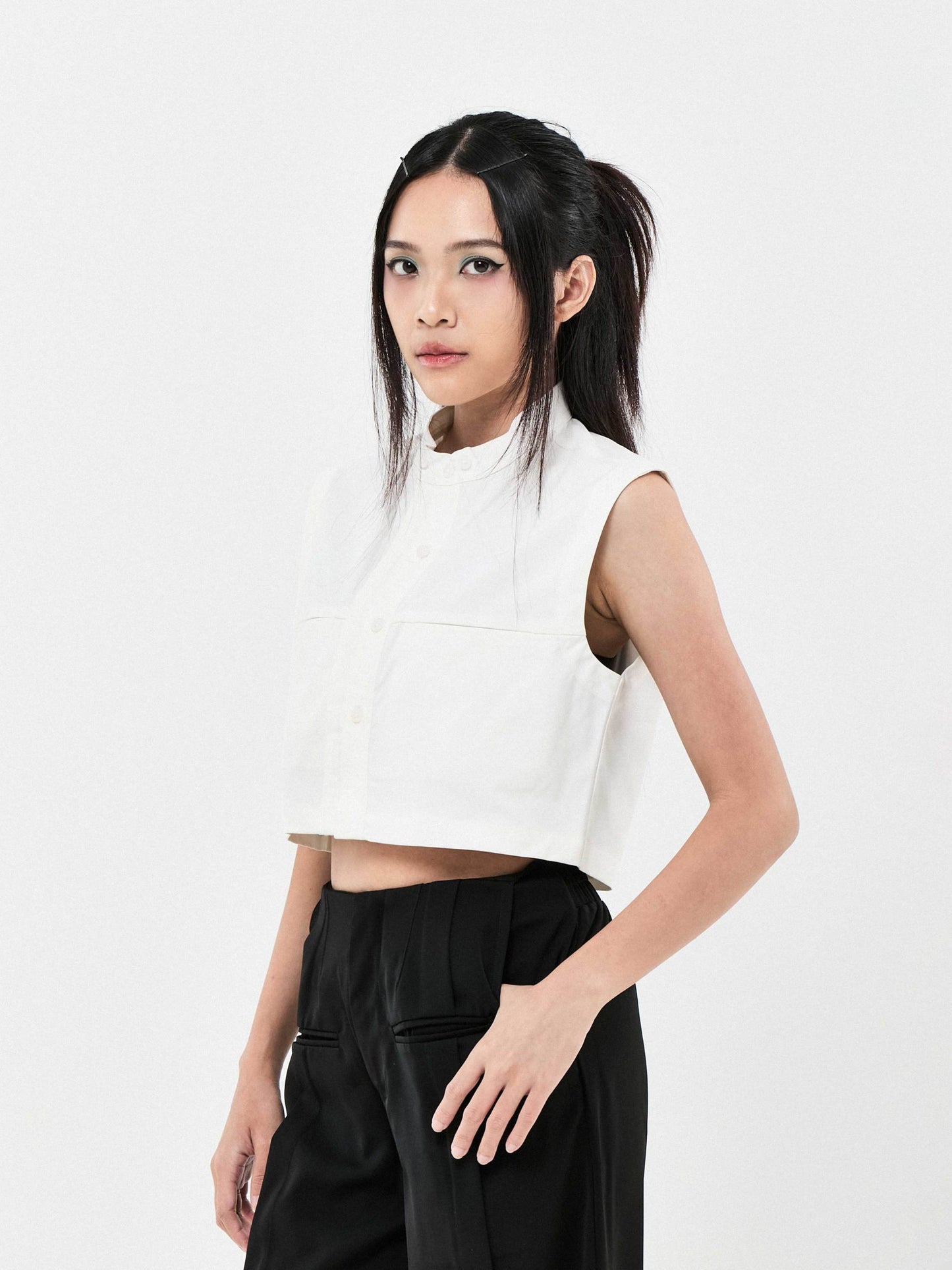 Double Collar Short Sleeve Cropped Shirt | Blue