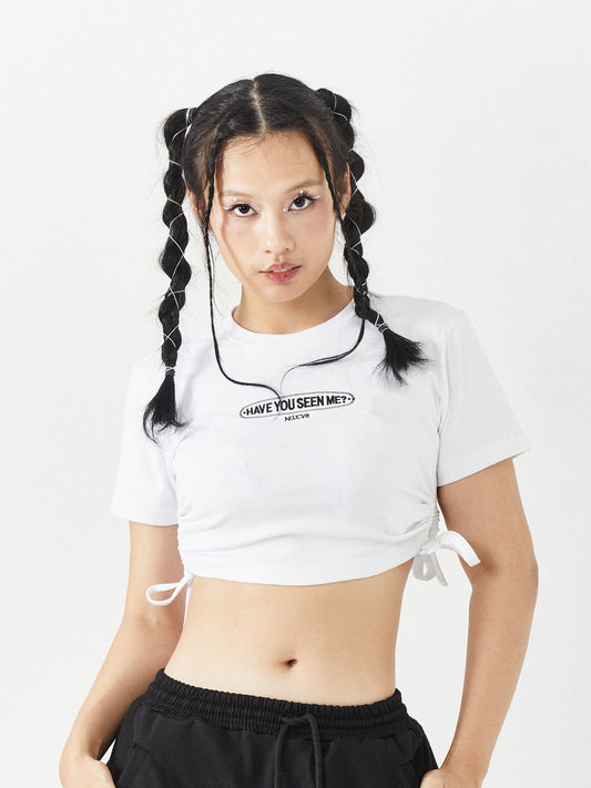 Graphic Ruched Side Crop Top | White