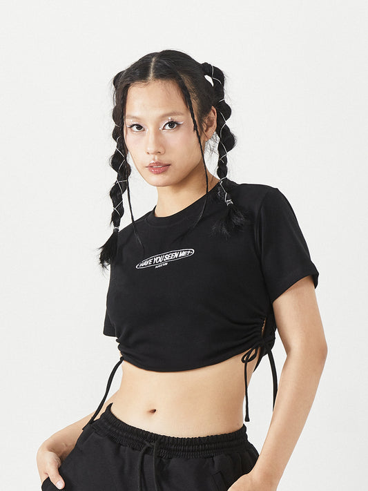 Graphic Ruched Side Crop Top | Black